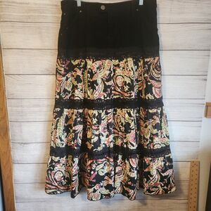 D Jeans Vintage Y2k Corduroy Paisley Tiered Lace Midi Peasant Boho Size 12 skirt